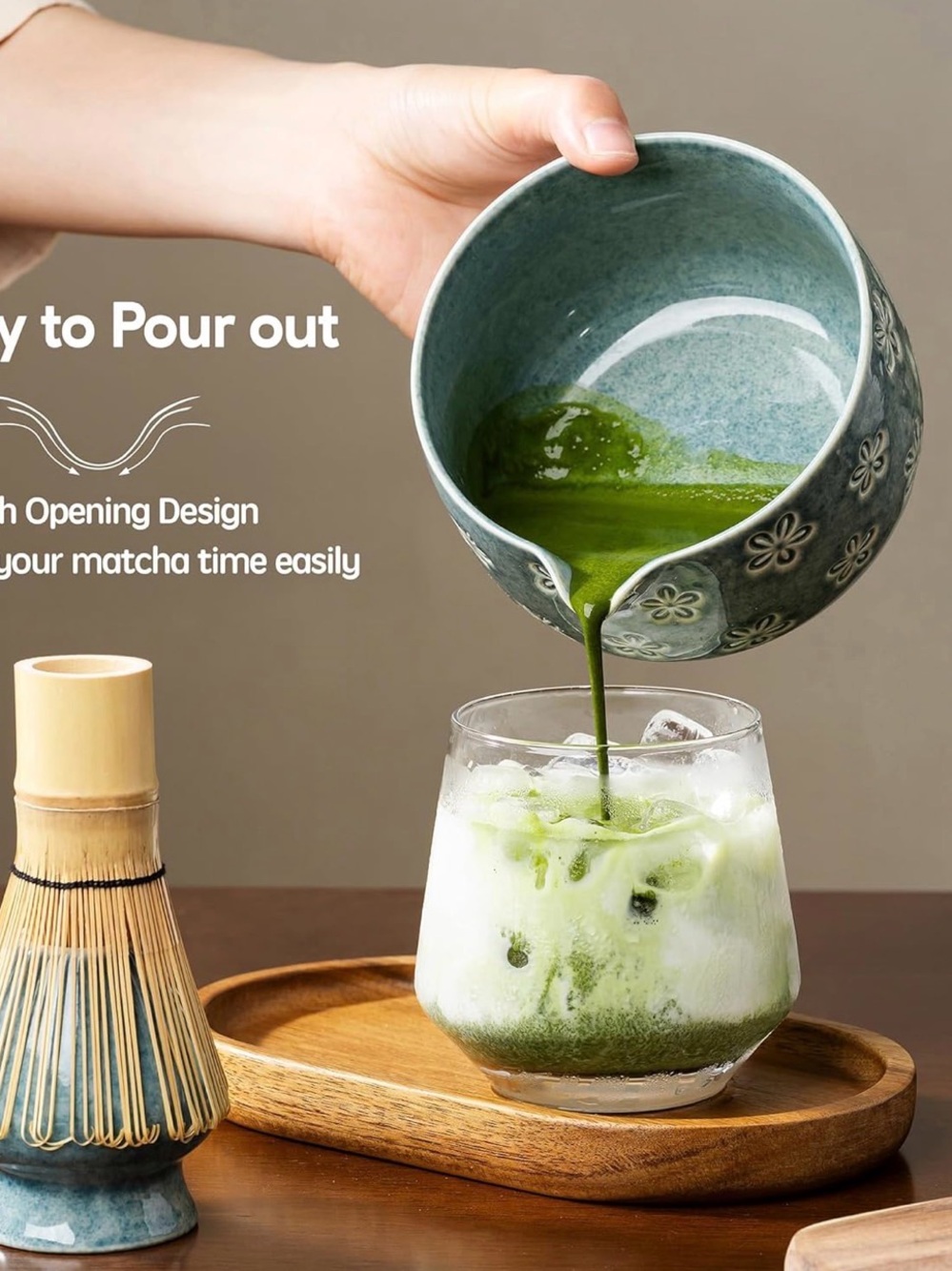Blue Floral Ceramic Matcha Bowl Set NEW - Picture 4 of 8